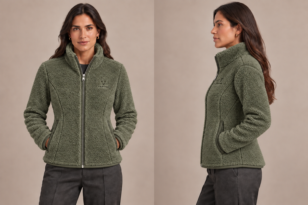 VARENA — Polaire femme kaki — face et profil, zip à curseur unique