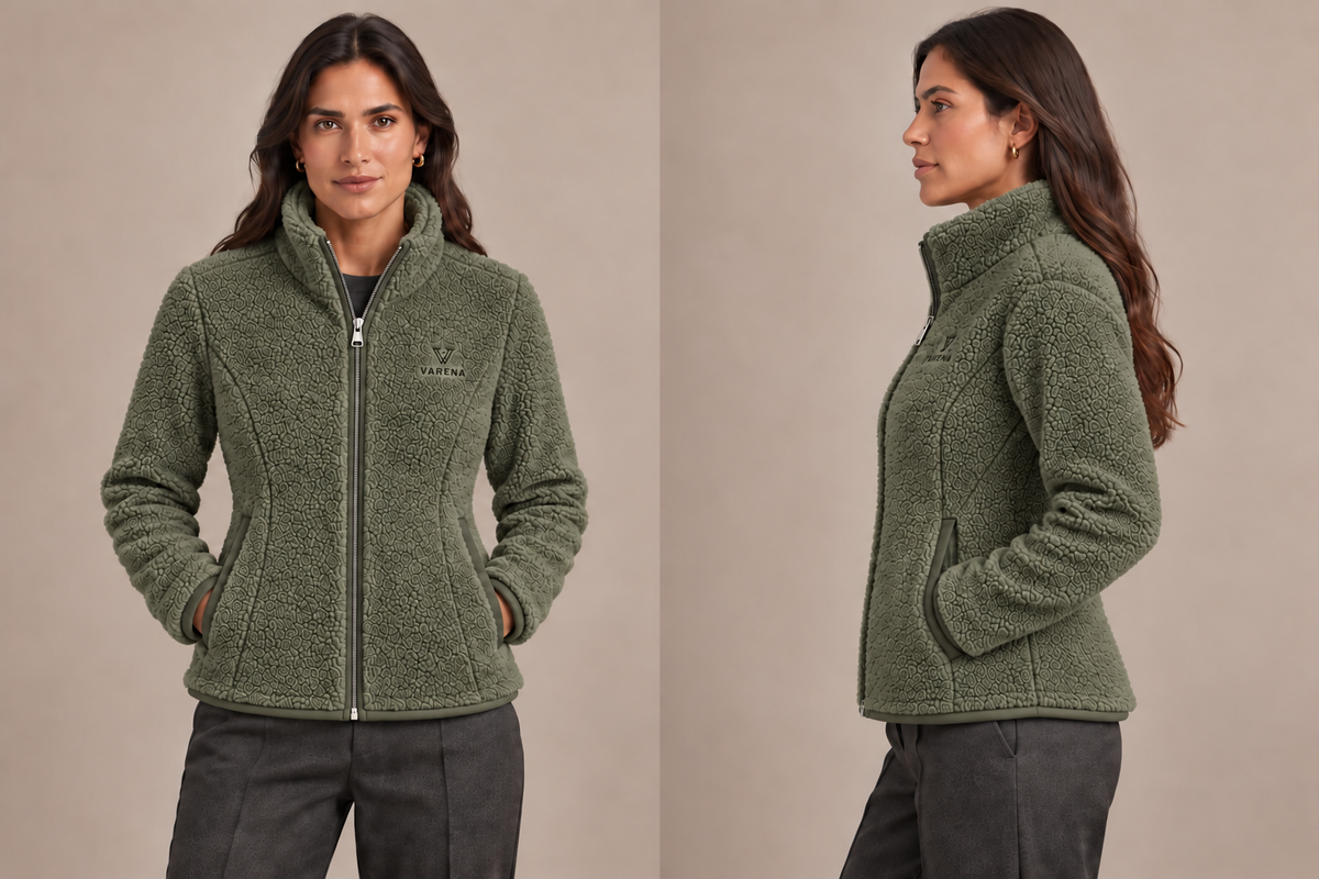 VARENA — Polaire femme kaki — face et profil, zip à curseur unique