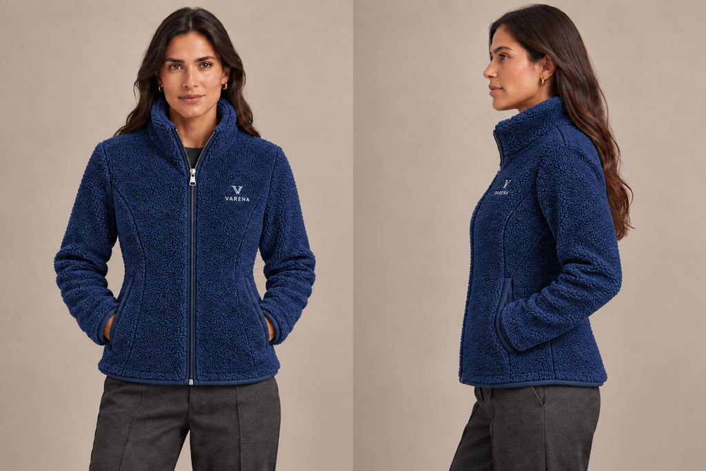 VARENA — Polaire femme marine — face et profil, zip à curseur unique