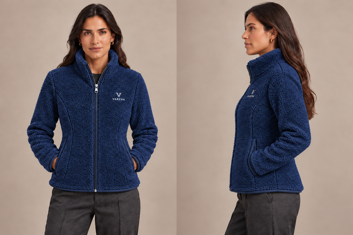 VARENA — Polaire femme marine — face et profil, zip à curseur unique