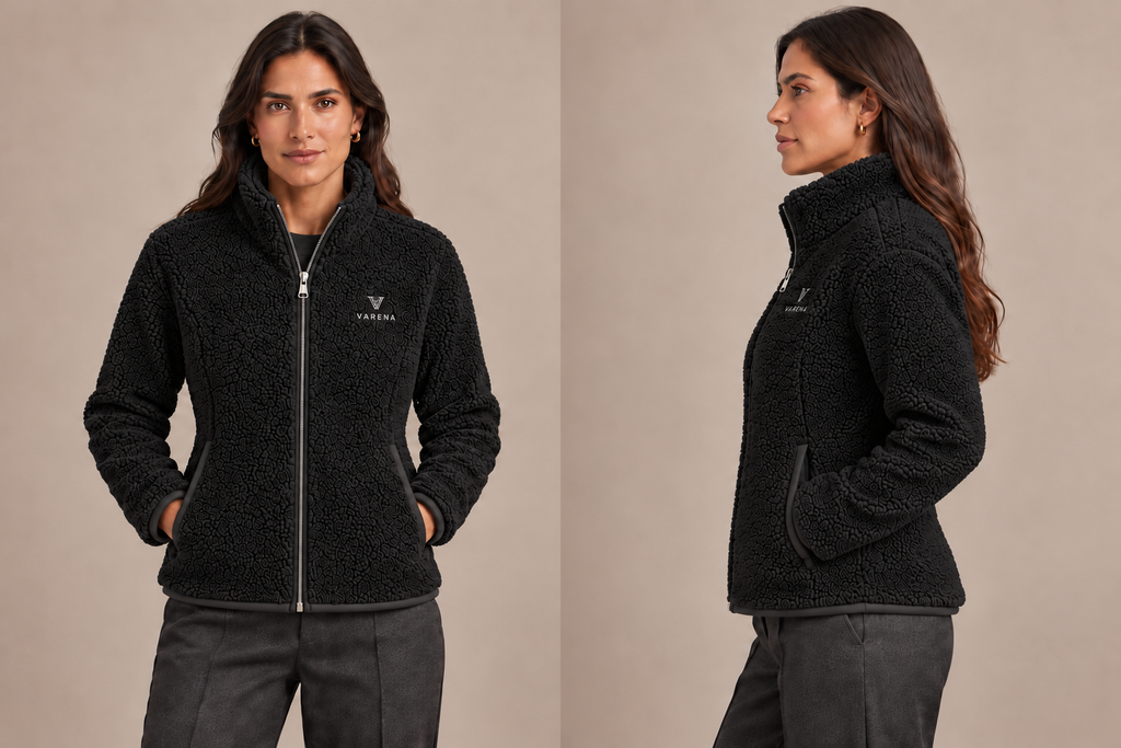 VARENA — Polaire femme noir — face et profil, zip à curseur unique