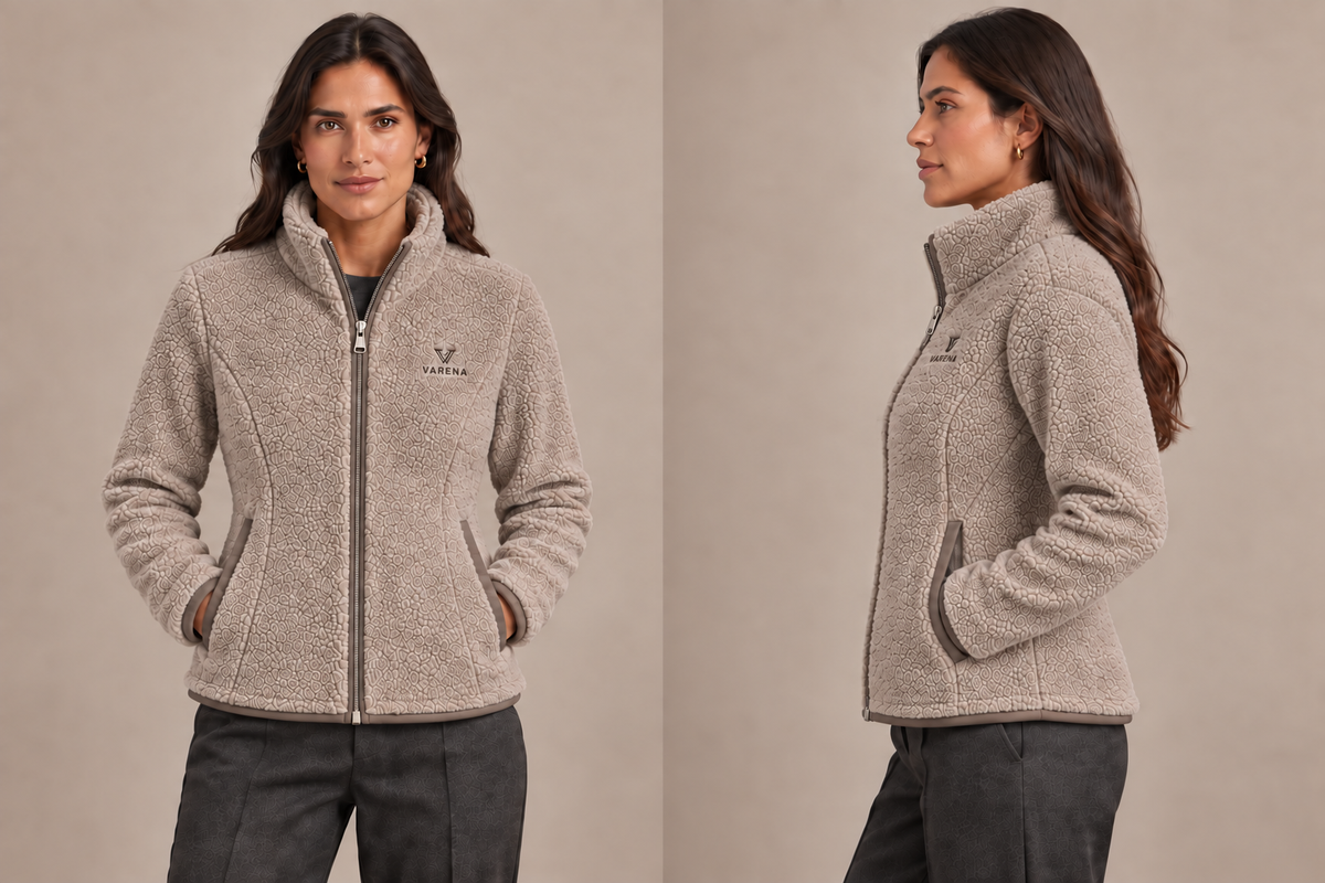 VARENA — Polaire femme taupe — face et profil, zip à curseur unique