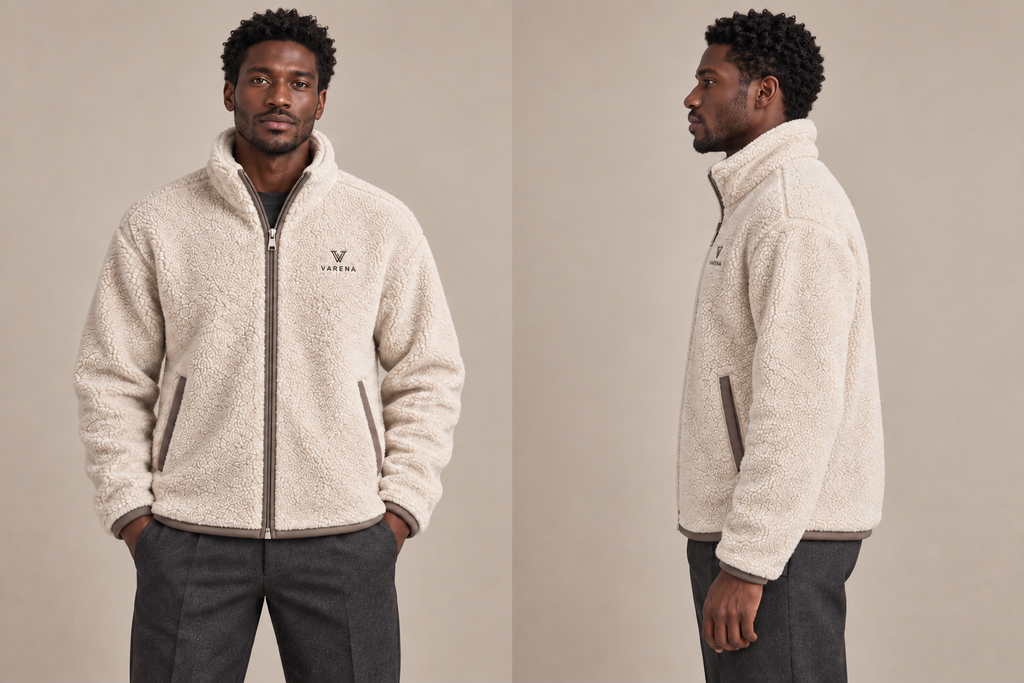 VARENA — Polaire homme ecru — face et profil, zip à curseur unique