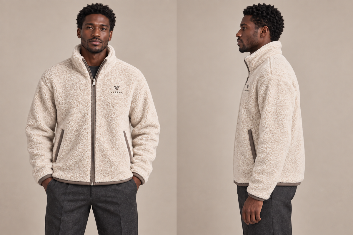 VARENA — Polaire homme ecru — face et profil, zip à curseur unique