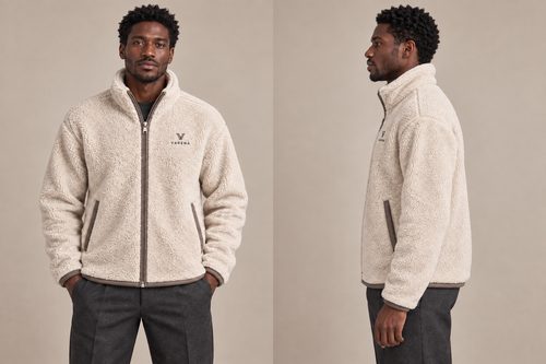 VARENA — Polaire homme ecru — face et profil, zip à curseur unique