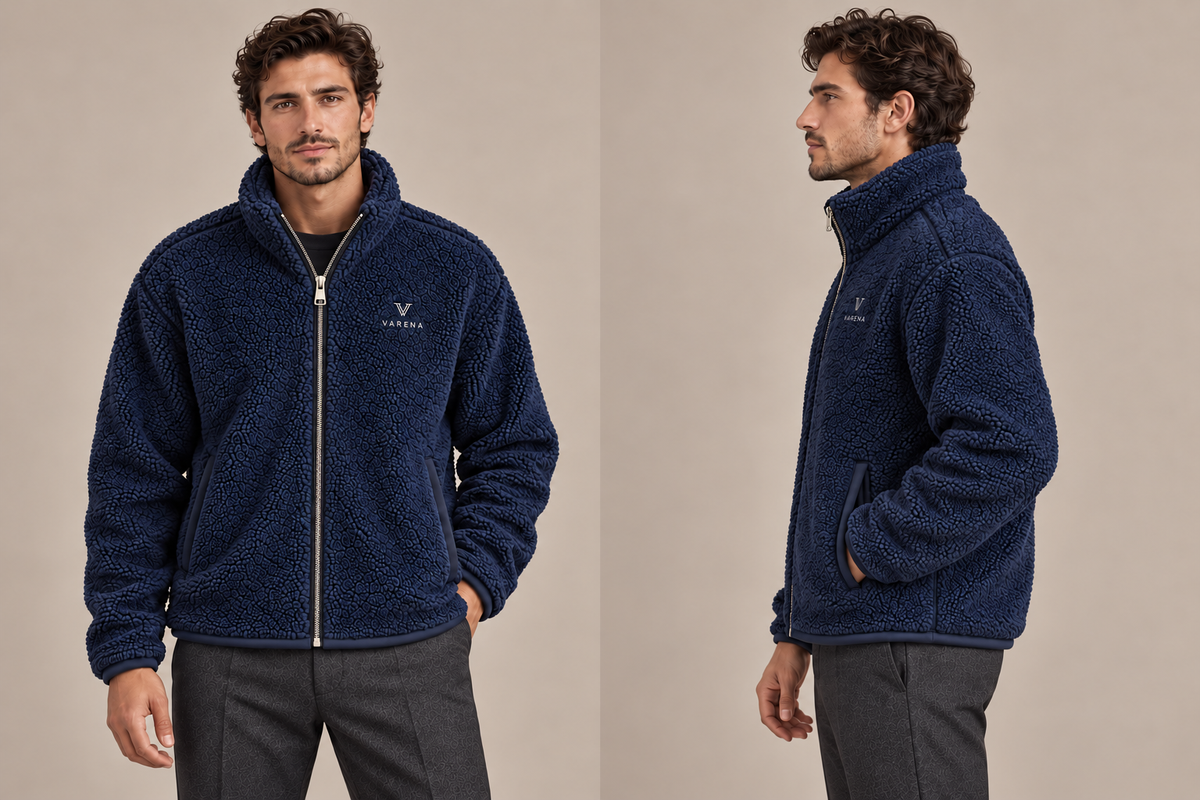 VARENA — Polaire homme marine — face et profil, zip à curseur unique