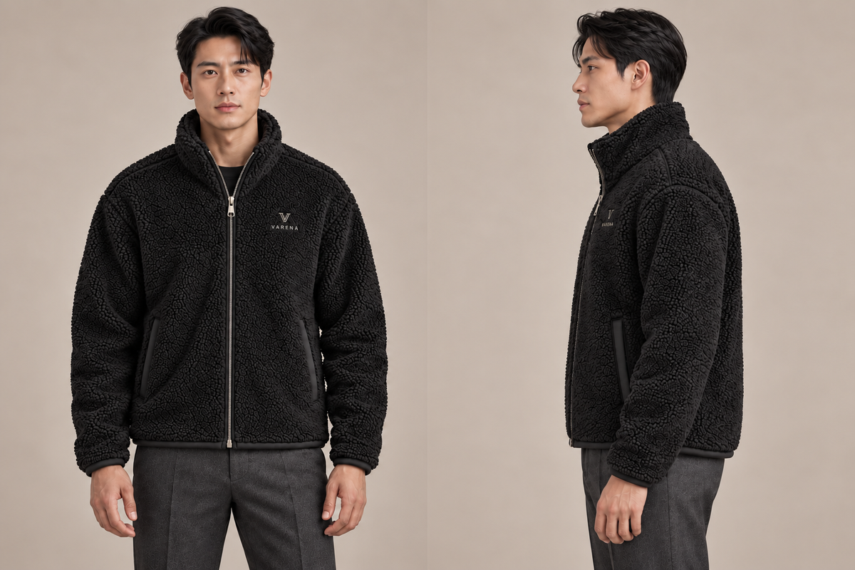 VARENA — Polaire homme noir — face et profil, zip à curseur unique